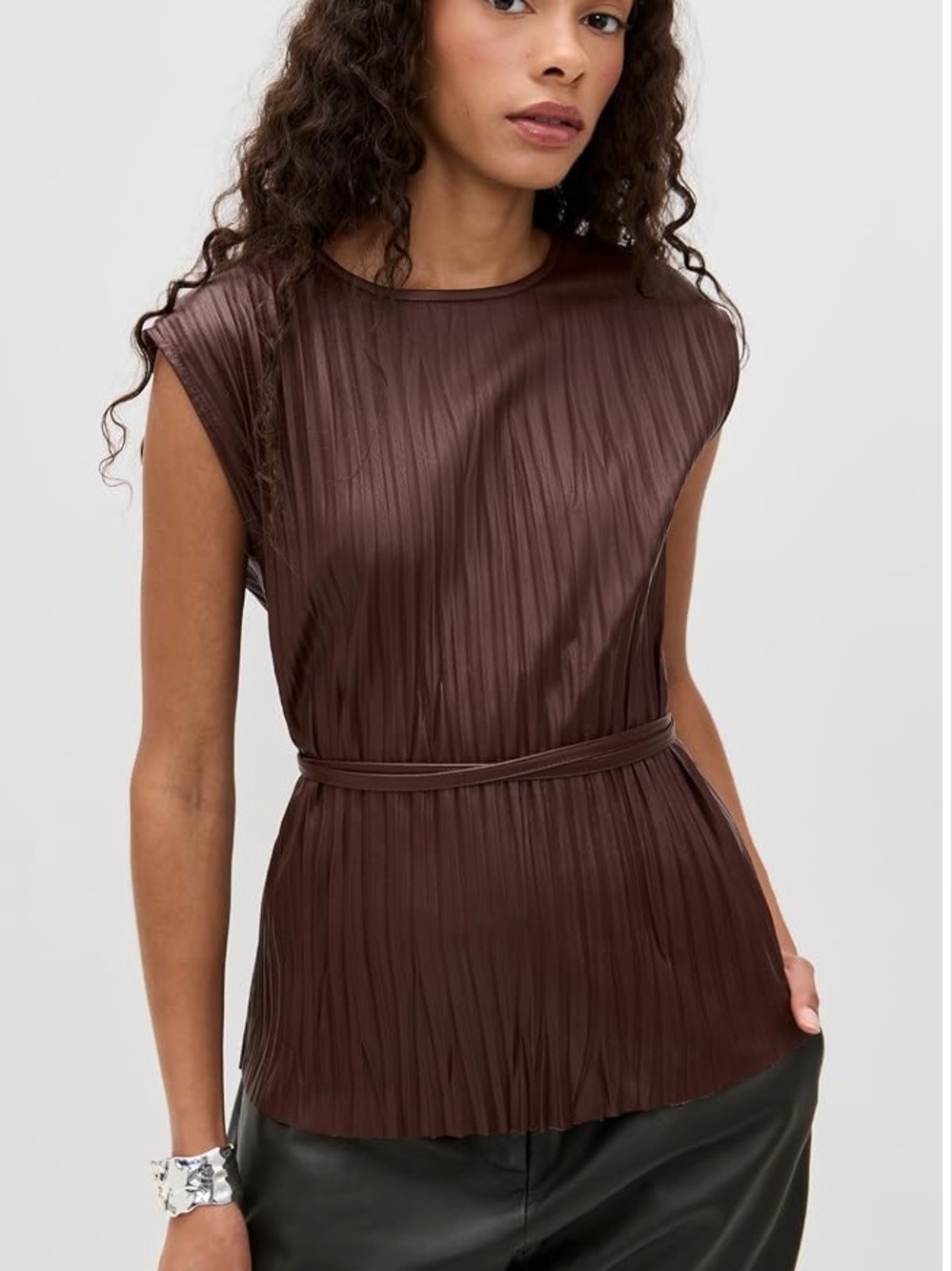 Proenza Schouler White Label Oxblood Faux Leather Pleated Lyra Top